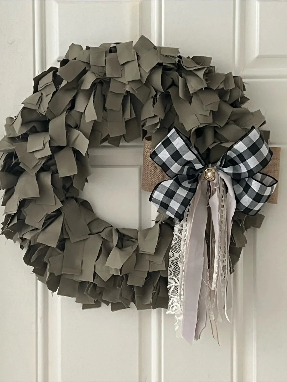 Farmhouse Neutral green  Rag Wreath with Black Buffalo Check Bow - Home